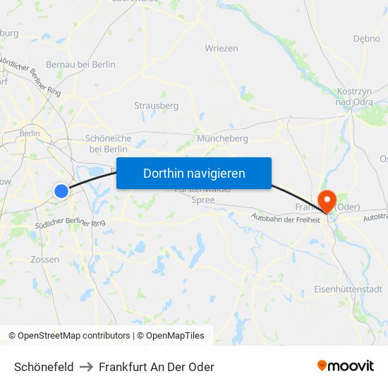 Schönefeld to Frankfurt An Der Oder map
