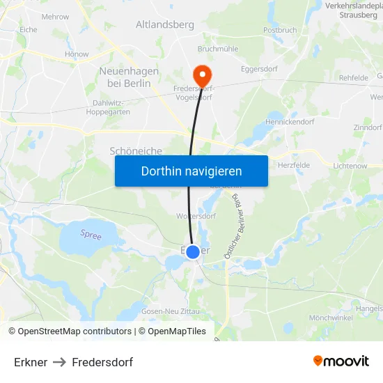 Erkner to Fredersdorf map