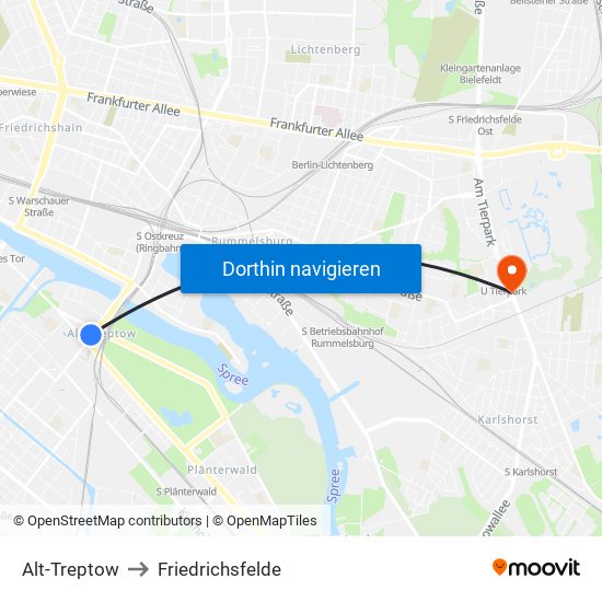 Alt-Treptow to Friedrichsfelde map