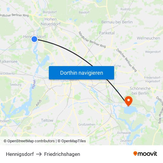 Hennigsdorf to Friedrichshagen map
