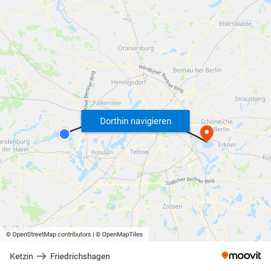 Ketzin to Friedrichshagen map