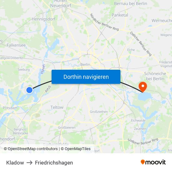 Kladow to Friedrichshagen map