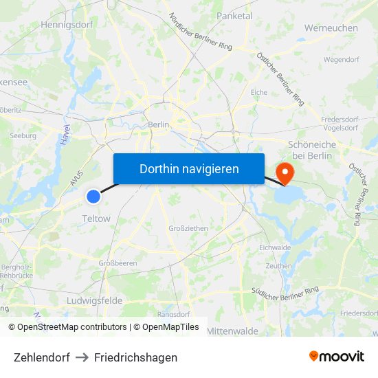 Zehlendorf to Friedrichshagen map