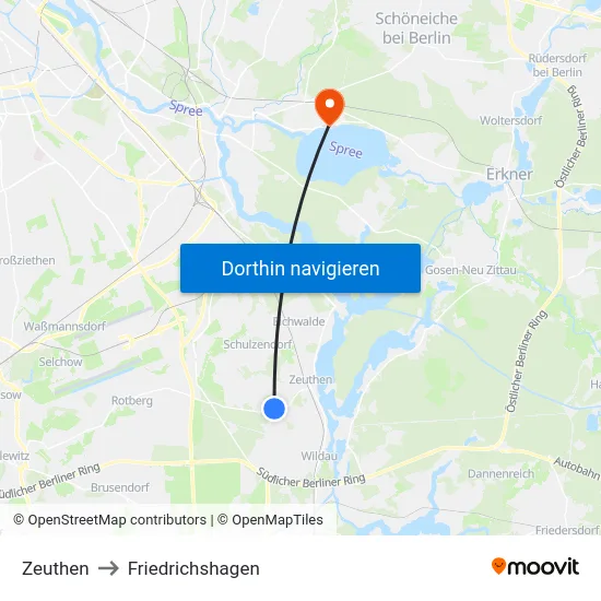 Zeuthen to Friedrichshagen map