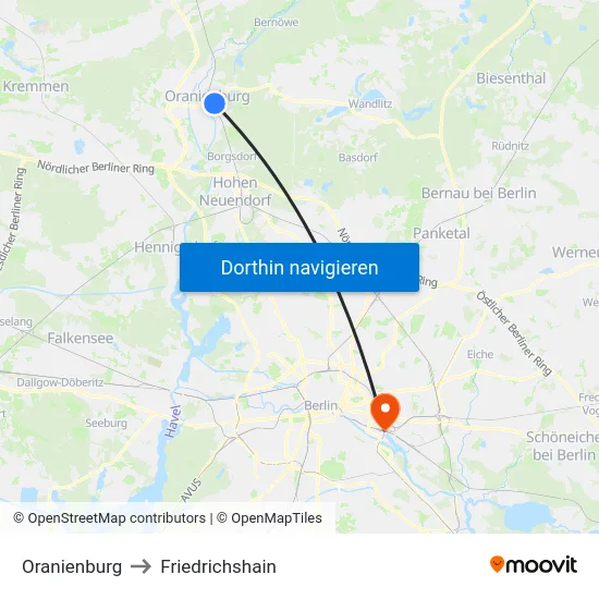 Oranienburg to Friedrichshain map