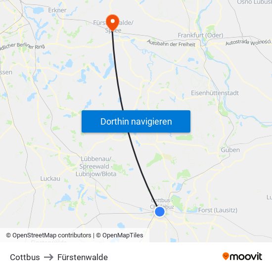 Cottbus to Fürstenwalde map