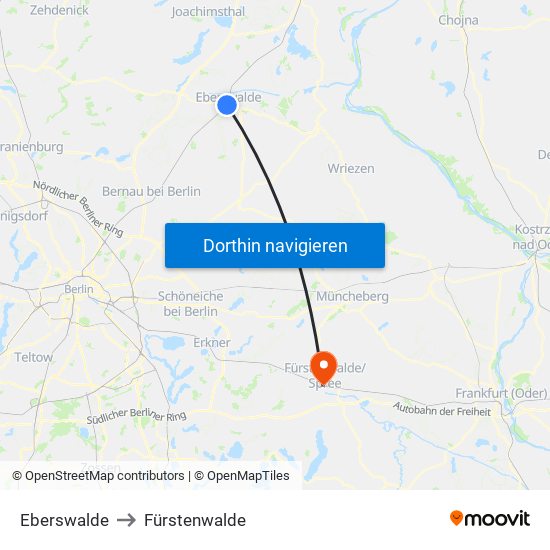 Eberswalde to Fürstenwalde map