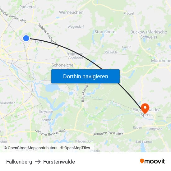 Falkenberg to Fürstenwalde map