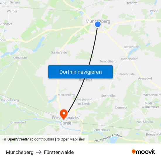 Müncheberg to Fürstenwalde map