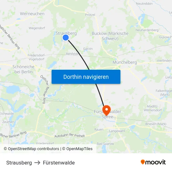 Strausberg to Fürstenwalde map