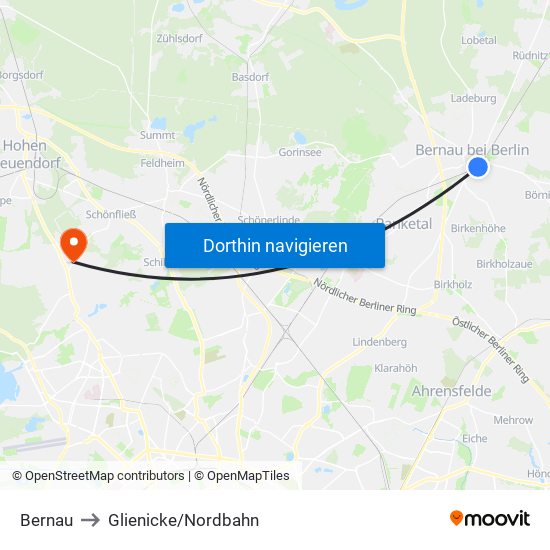 Bernau to Glienicke/Nordbahn map