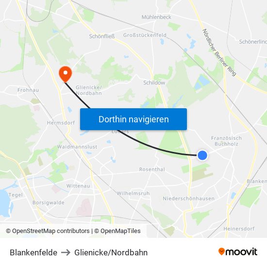 Blankenfelde to Glienicke/Nordbahn map