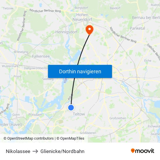 Nikolassee to Glienicke/Nordbahn map