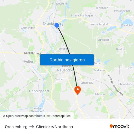 Oranienburg to Glienicke/Nordbahn map