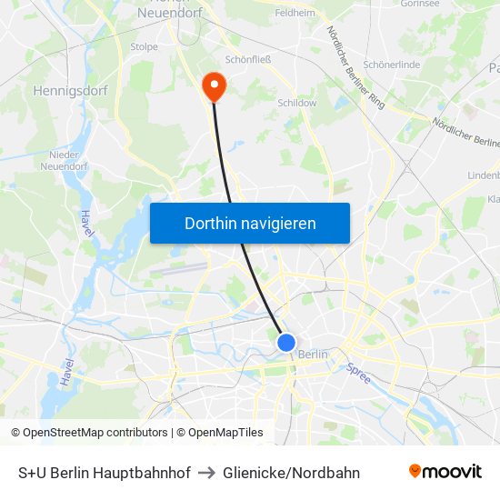 S+U Berlin Hauptbahnhof to Glienicke/Nordbahn map