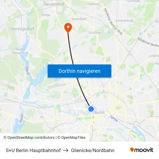 S+U Berlin Hauptbahnhof to Glienicke/Nordbahn map