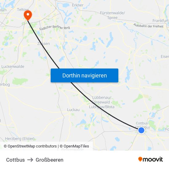 Cottbus to Großbeeren map