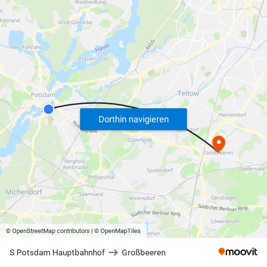 S Potsdam Hauptbahnhof to Großbeeren map
