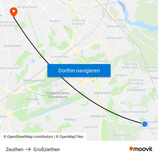 Zeuthen to Großziethen map