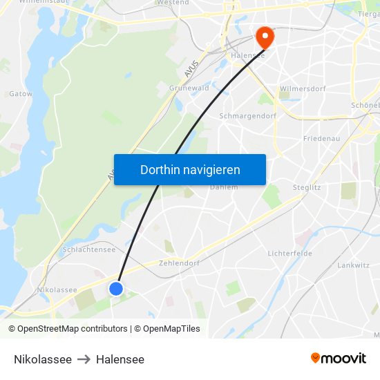 Nikolassee to Halensee map