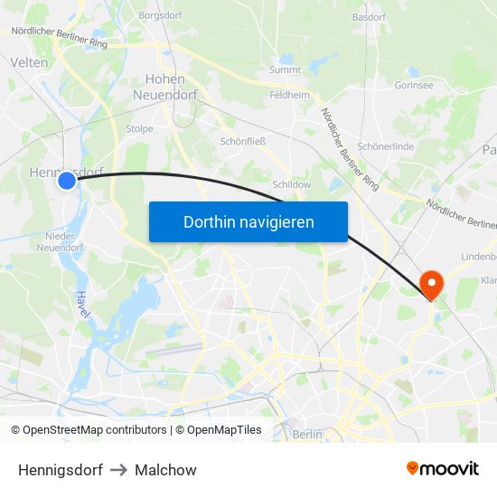 Hennigsdorf to Malchow map