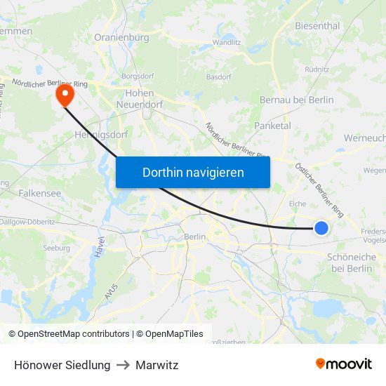 Hönower Siedlung to Marwitz map