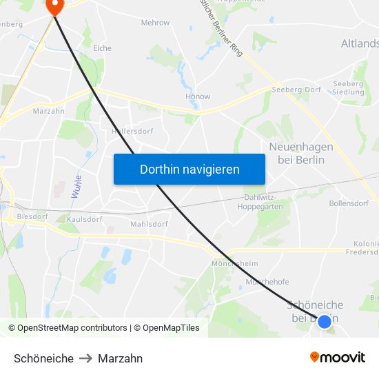 Schöneiche to Marzahn map