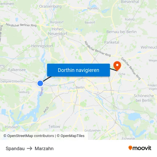 Spandau to Marzahn map