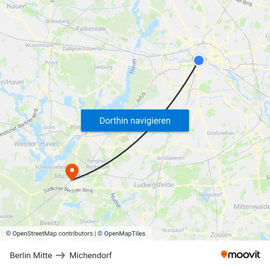 Berlin Mitte to Michendorf map