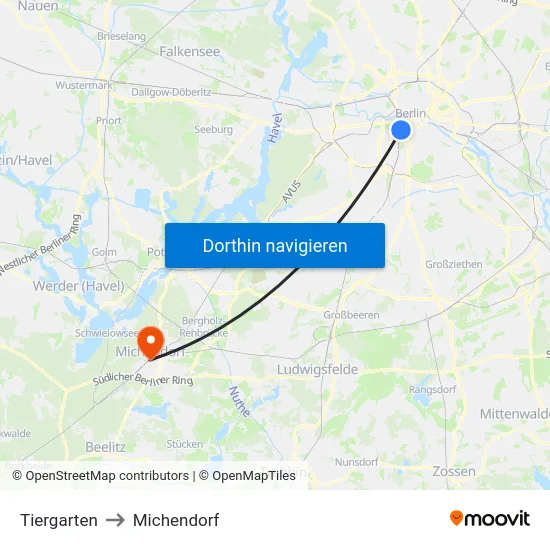 Tiergarten to Michendorf map