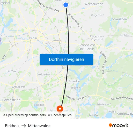 Birkholz to Mittenwalde map