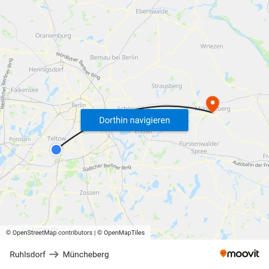 Ruhlsdorf to Müncheberg map