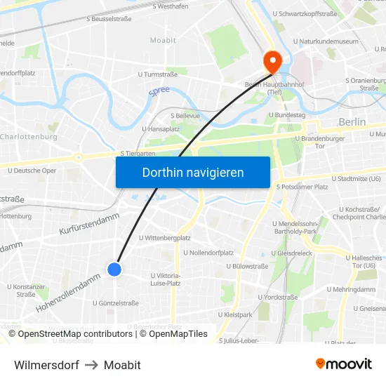 Wilmersdorf to Moabit map
