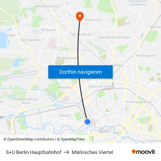 S+U Berlin Hauptbahnhof to Märkisches Viertel map