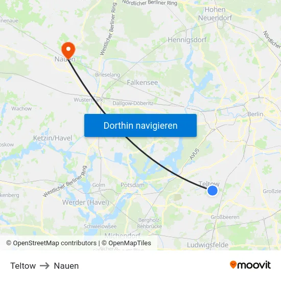 Teltow to Nauen map