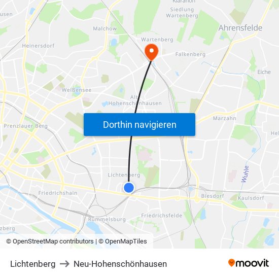 Lichtenberg to Neu-Hohenschönhausen map