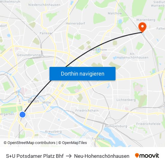 S+U Potsdamer Platz Bhf to Neu-Hohenschönhausen map