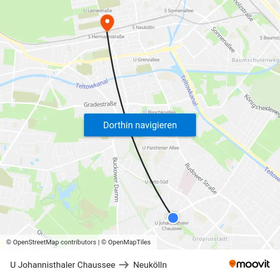 U Johannisthaler Chaussee to Neukölln map