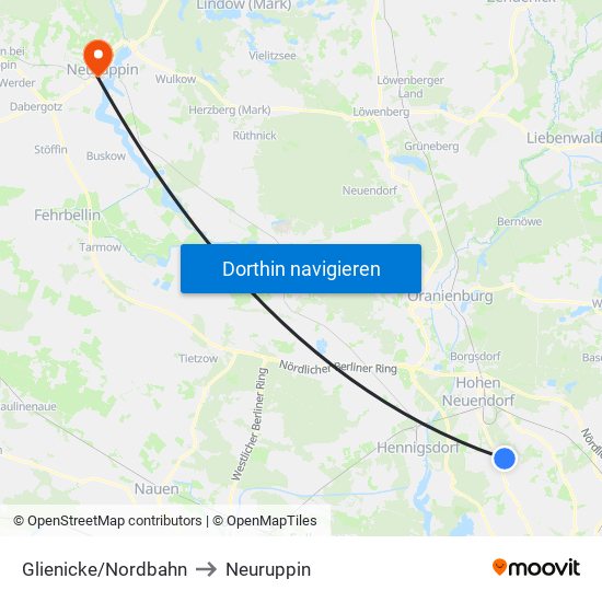 Glienicke/Nordbahn to Neuruppin map