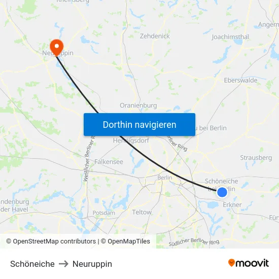 Schöneiche to Neuruppin map