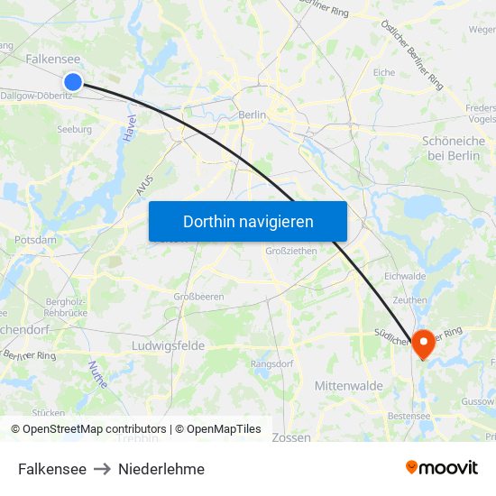 Falkensee to Niederlehme map