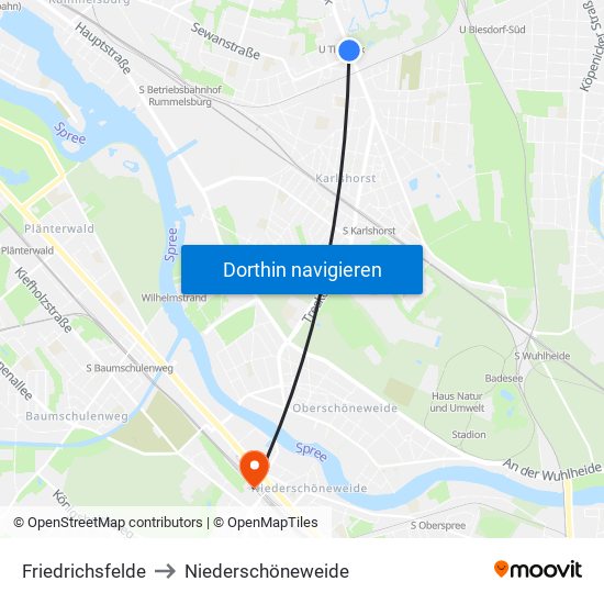 Friedrichsfelde to Niederschöneweide map