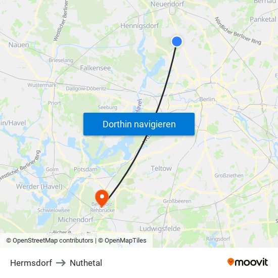 Hermsdorf to Nuthetal map
