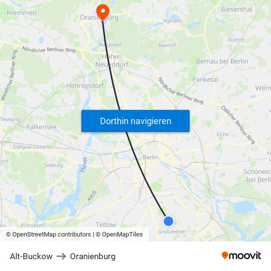 Alt-Buckow to Oranienburg map