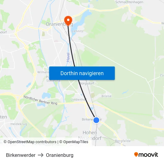 Birkenwerder to Oranienburg map