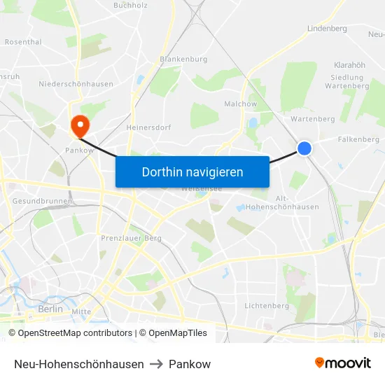 Neu-Hohenschönhausen to Pankow map