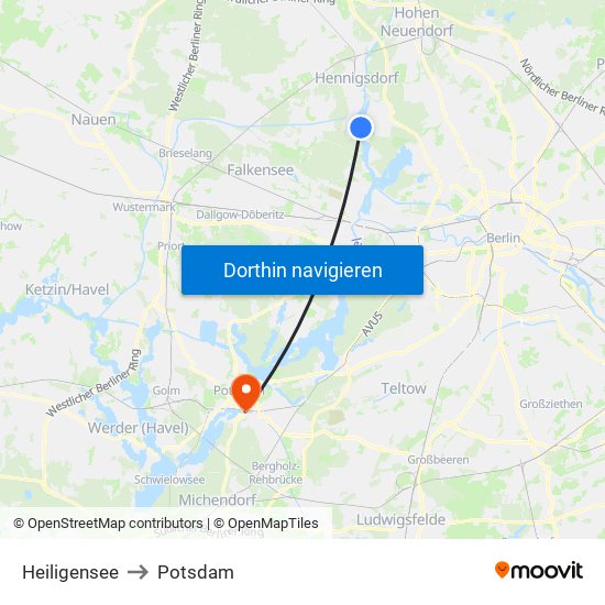 Heiligensee to Potsdam map