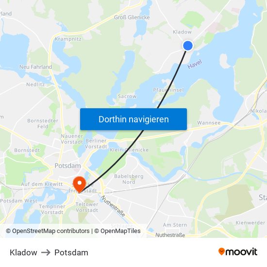 Kladow to Potsdam map