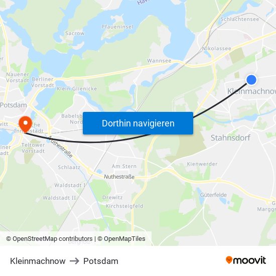 Kleinmachnow to Potsdam map