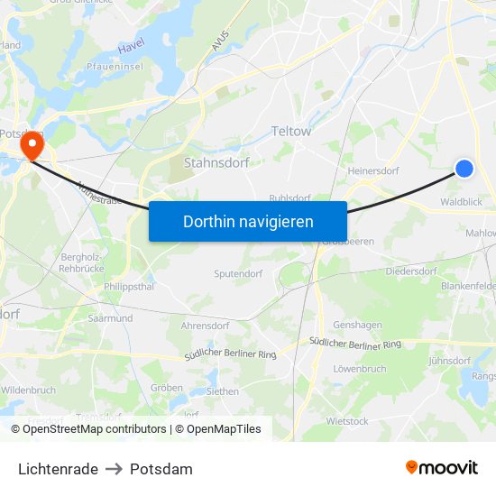 Lichtenrade to Potsdam map